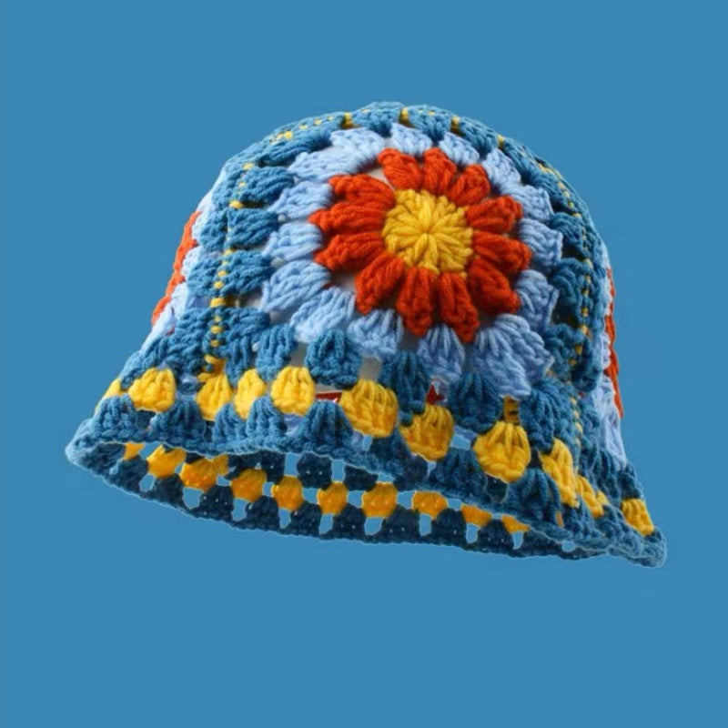 Crochet Flower Bucket Hat – Knitted Y2K Beanie for Women