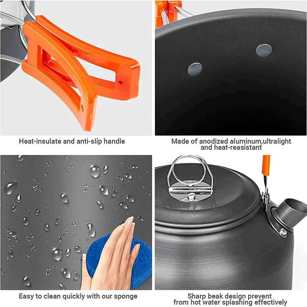 Portable Camping Cookware Set – Non-Stick Pots, Teapot, and Tableware