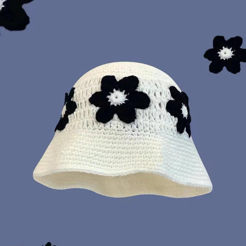 Crochet Flower Bucket Hat – Knitted Y2K Beanie for Women