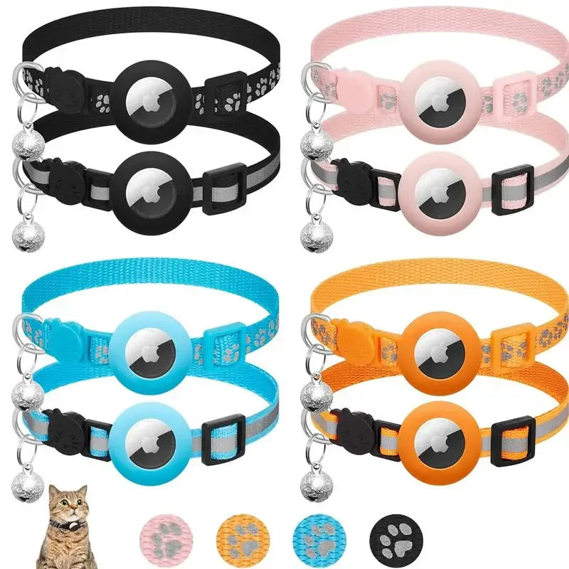 Adjustable Reflective Cat Collar – Safety GPS with Airtag Holder and Bell