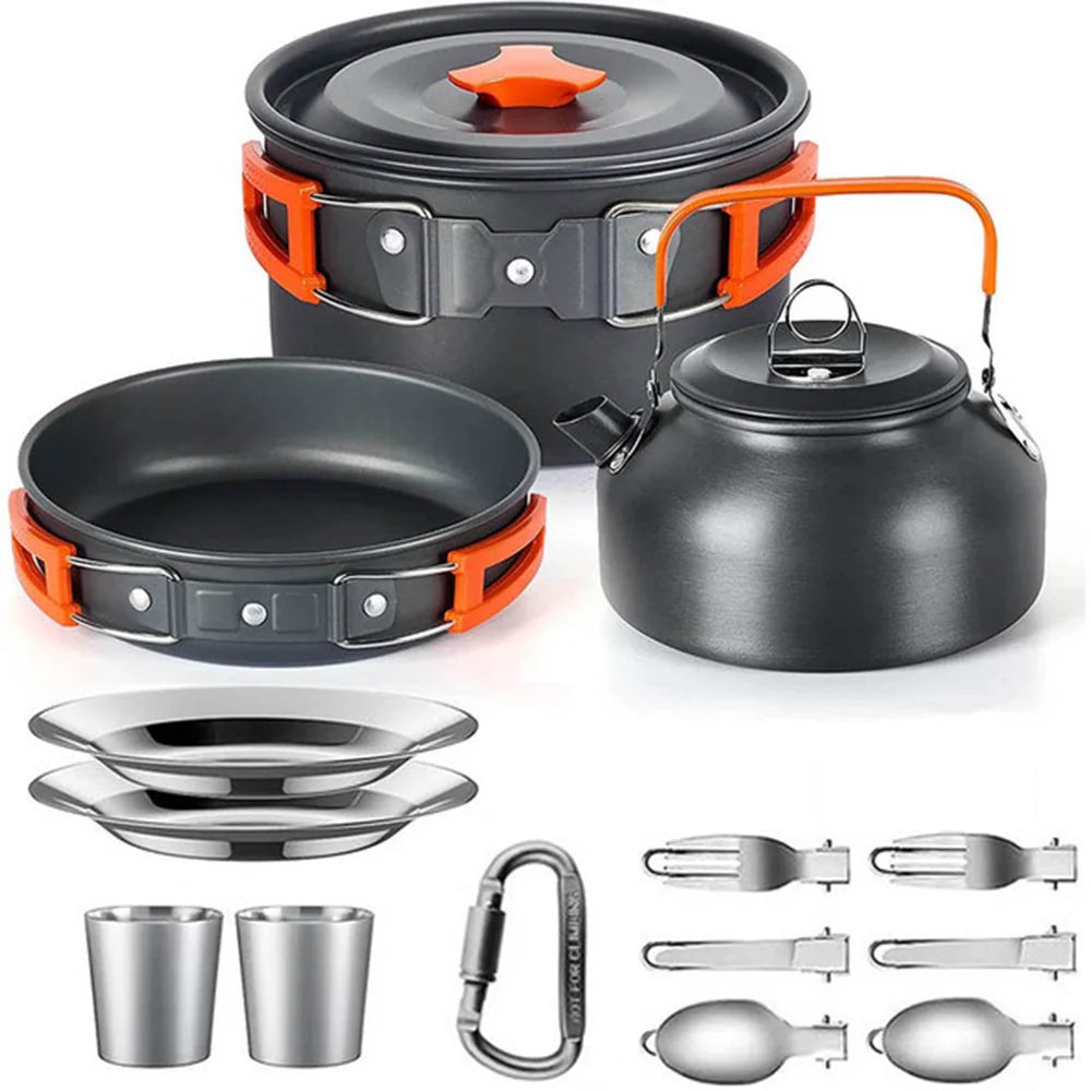 Portable Camping Cookware Set – Non-Stick Pots, Teapot, and Tableware