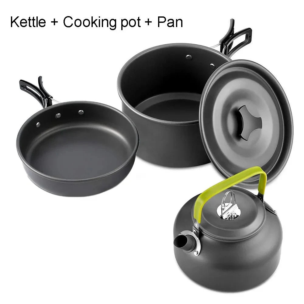 Portable Camping Cookware Set – Non-Stick Pots, Teapot, and Tableware