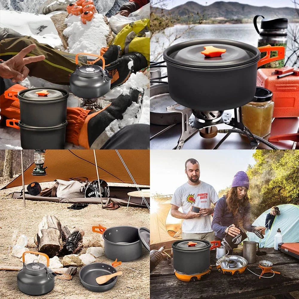 Portable Camping Cookware Set – Non-Stick Pots, Teapot, and Tableware