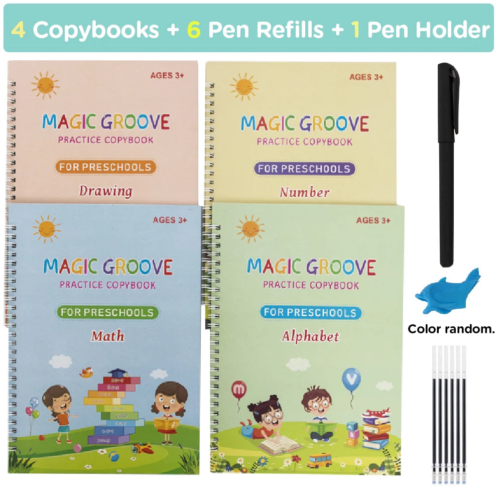 4pcs Reusable Magic Copybook Set for Kids – Handwriting Practice & Groove Guide