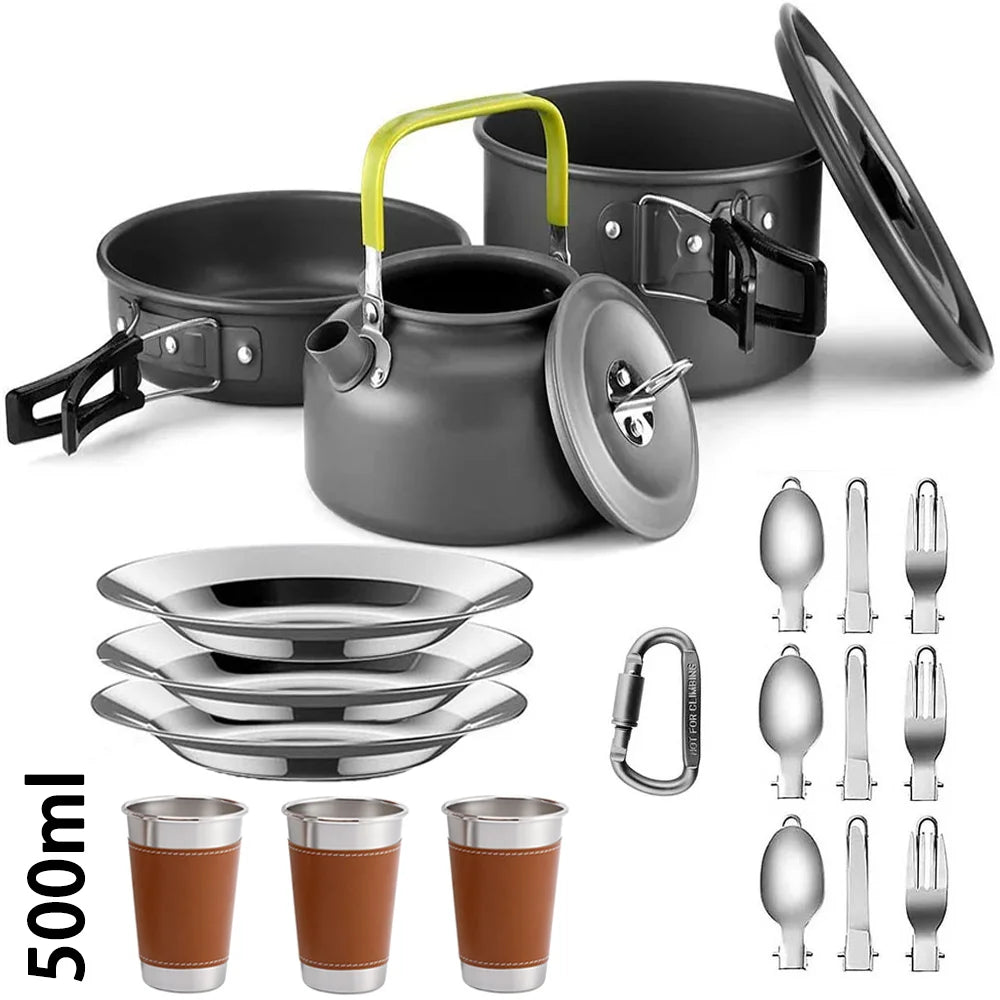 Portable Camping Cookware Set – Non-Stick Pots, Teapot, and Tableware