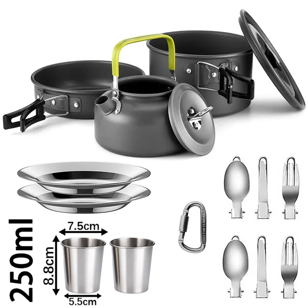 Portable Camping Cookware Set – Non-Stick Pots, Teapot, and Tableware