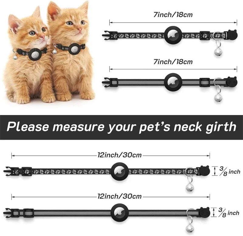 Adjustable Reflective Cat Collar – Safety GPS with Airtag Holder and Bell