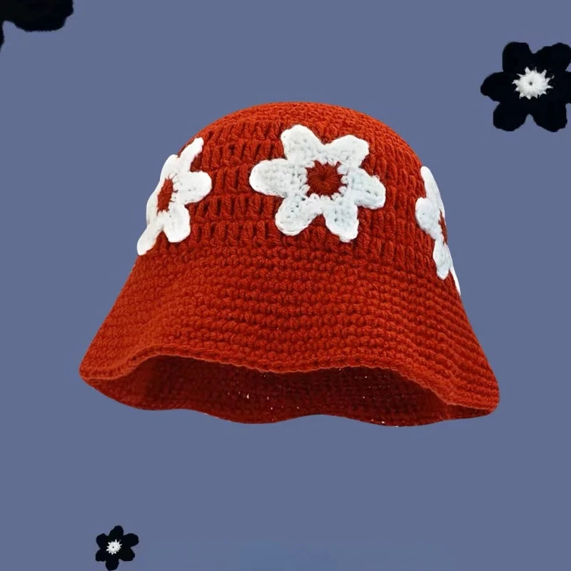 2023 Autumn Handmade Crochet Flower Bucket Hat – Knitted Y2K Beanie for Women