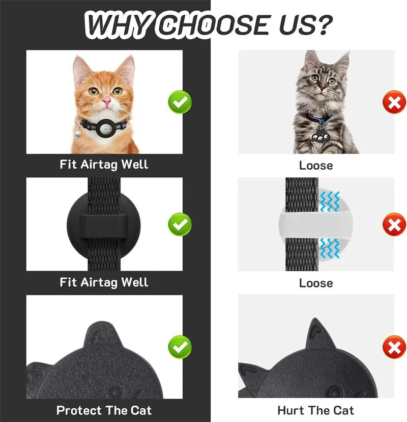 Adjustable Reflective Cat Collar – Safety GPS with Airtag Holder and Bell