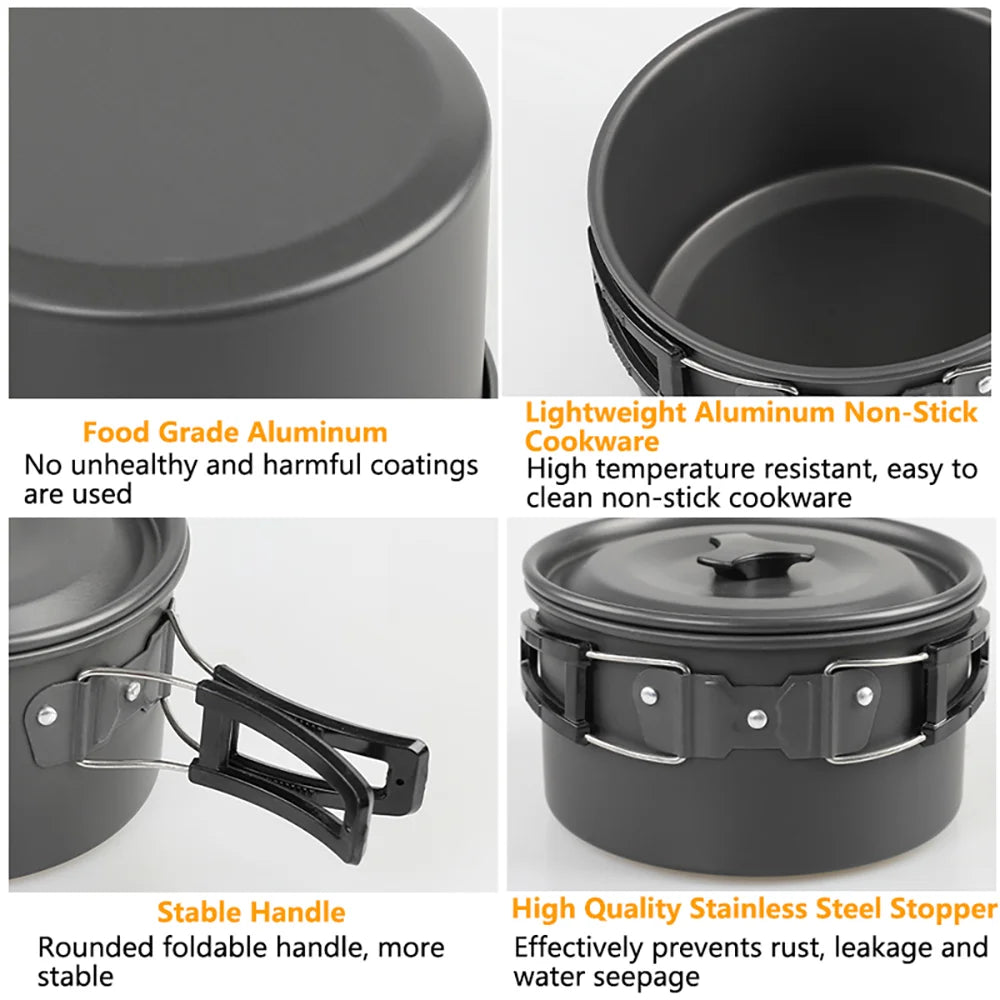 Portable Camping Cookware Set – Non-Stick Pots, Teapot, and Tableware