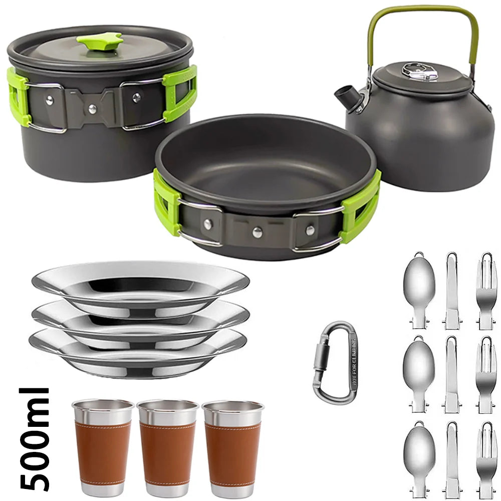 Portable Camping Cookware Set – Non-Stick Pots, Teapot, and Tableware