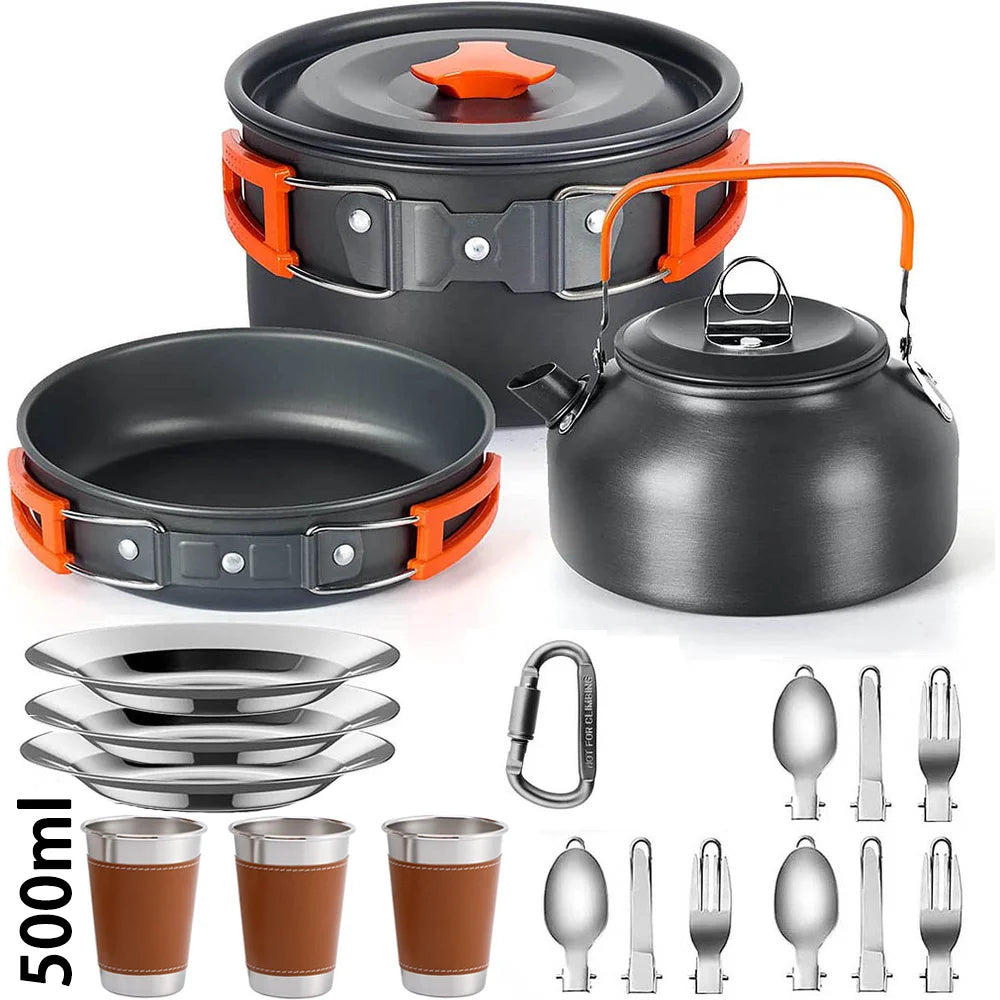 Portable Camping Cookware Set – Non-Stick Pots, Teapot, and Tableware