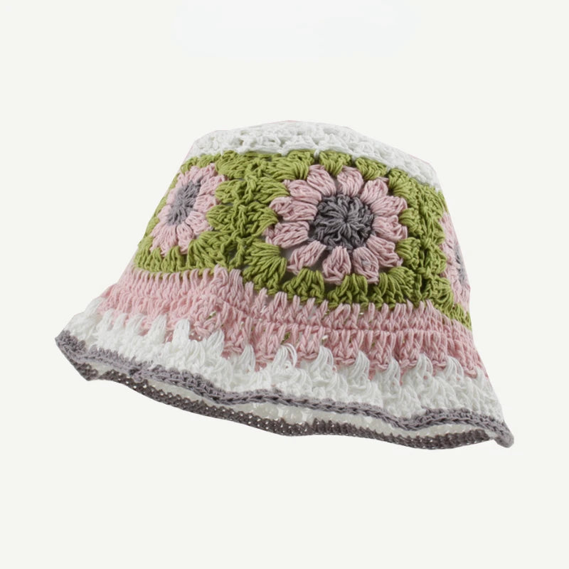 Crochet Flower Bucket Hat – Knitted Y2K Beanie for Women