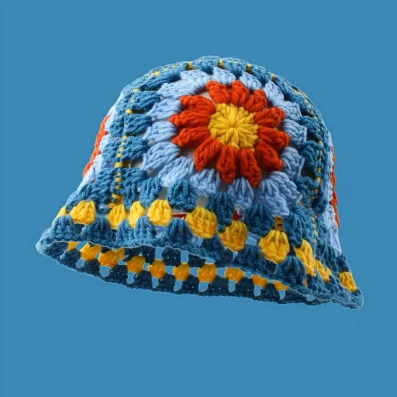 2023 Autumn Handmade Crochet Flower Bucket Hat – Knitted Y2K Beanie for Women