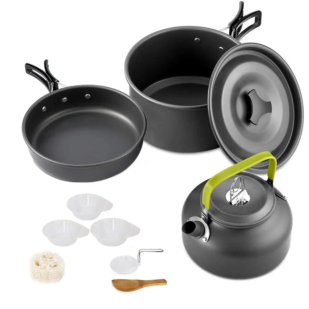 Portable Camping Cookware Set – Non-Stick Pots, Teapot, and Tableware