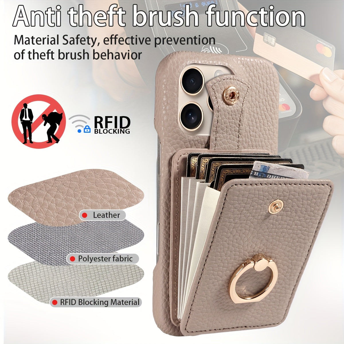 Faux Leather Flip Case for iPhone – Crossbody Wallet with Card Slots and Ring Holder