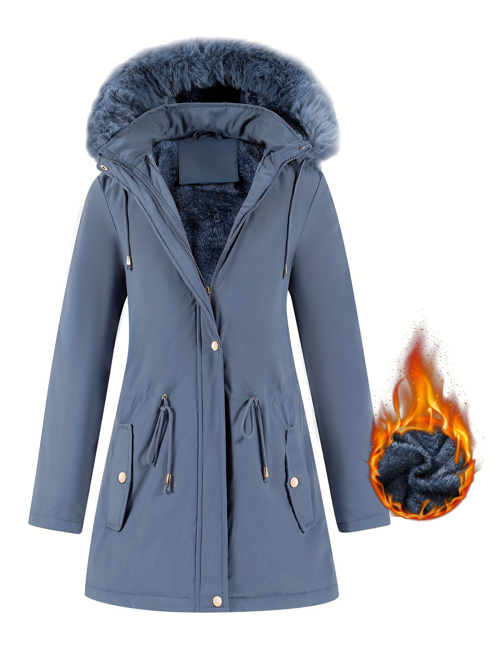 Fleece-Lined Hooded Winter Jacket for Women – Cozy Mid-Length Coat with Fur Trim