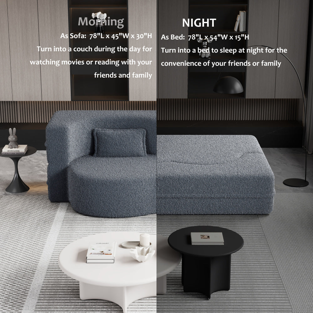 Convertible Floor Sofa Bed – Soft Teddy Fabric with Foam Mattress and Pillows