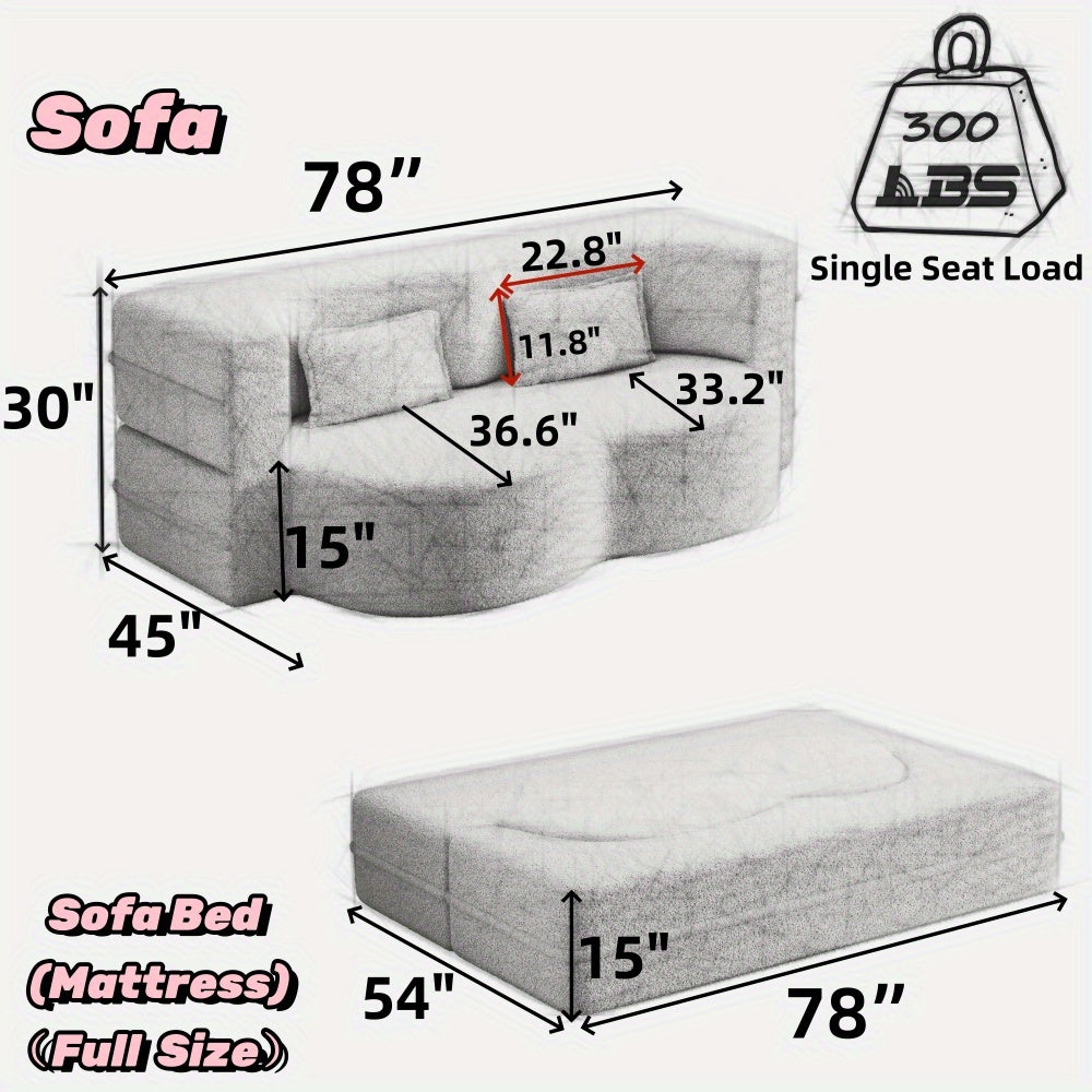 Convertible Floor Sofa Bed – Soft Teddy Fabric with Foam Mattress and Pillows