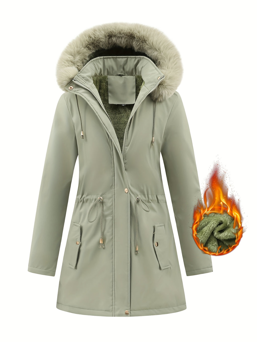 Fleece-Lined Hooded Winter Jacket for Women – Cozy Mid-Length Coat with Fur Trim