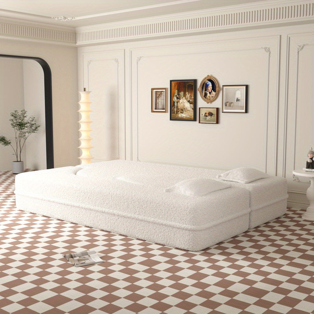 Convertible Floor Sofa Bed – Soft Teddy Fabric with Foam Mattress and Pillows