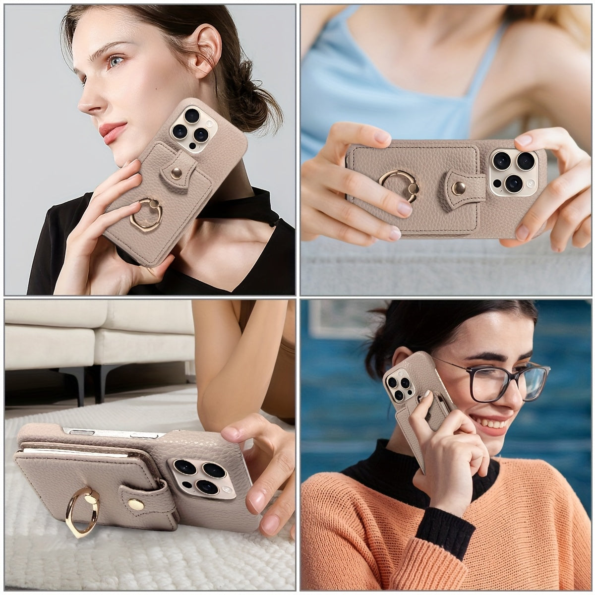 Faux Leather Flip Case for iPhone – Crossbody Wallet with Card Slots and Ring Holder