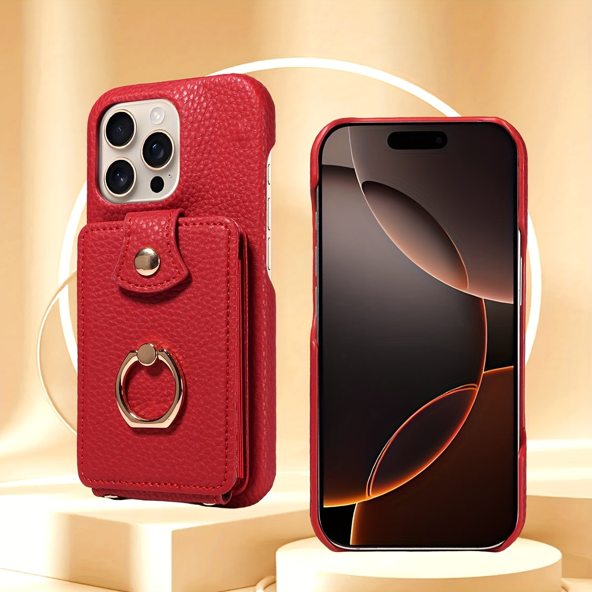 Faux Leather Flip Case for iPhone – Crossbody Wallet with Card Slots and Ring Holder