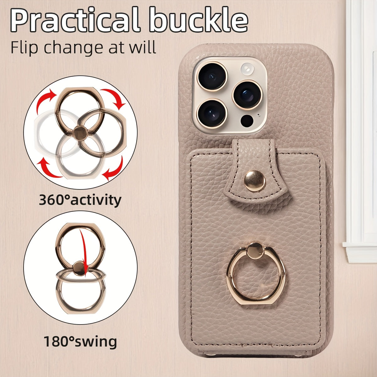 Faux Leather Flip Case for iPhone – Crossbody Wallet with Card Slots and Ring Holder