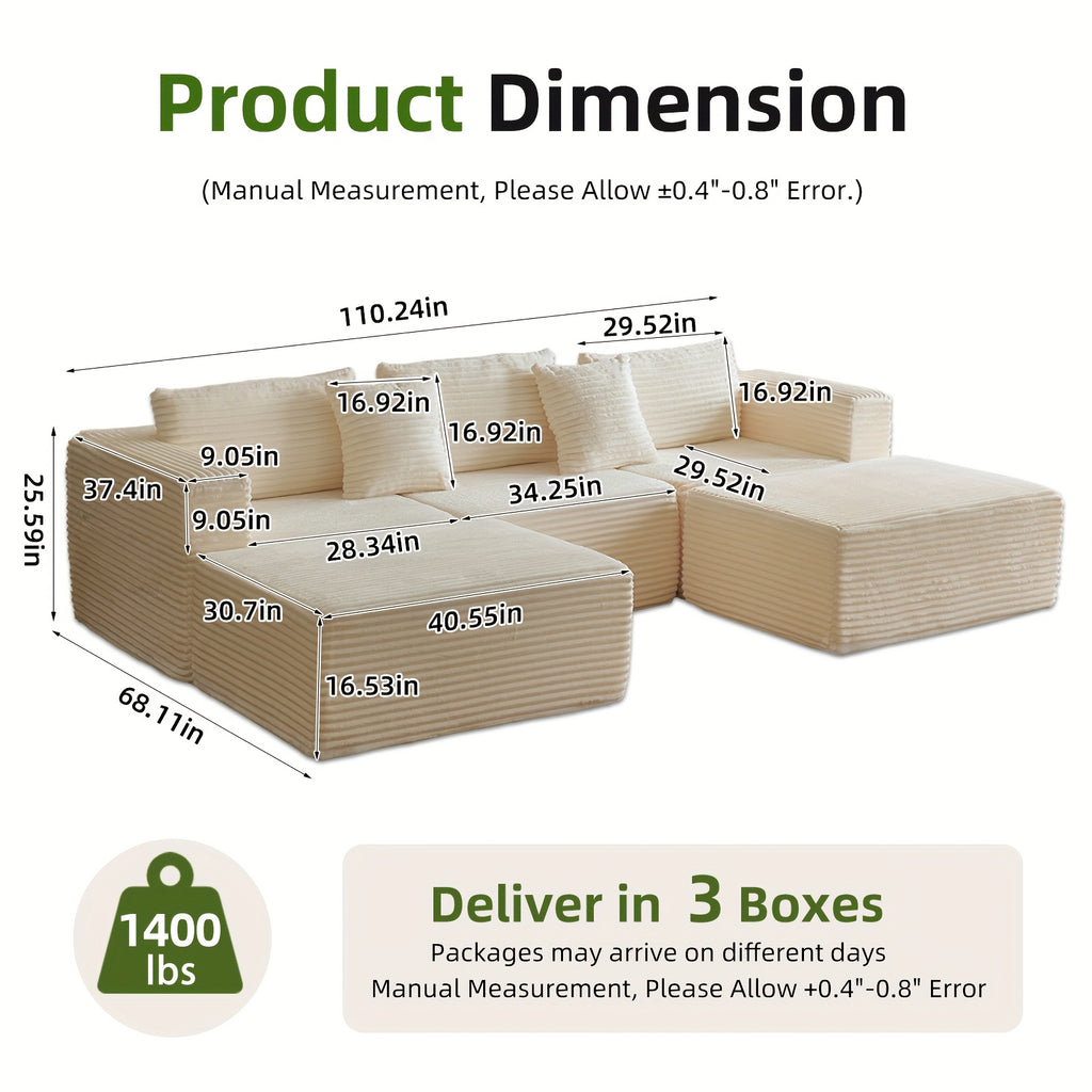 Modular U-Shaped Sofa – Corduroy Sectional with Lounge Chair