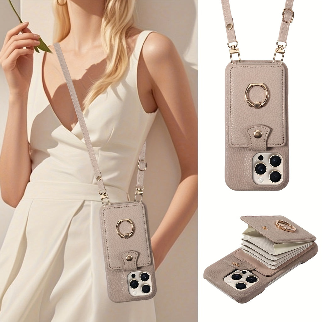 Faux Leather Flip Case for iPhone – Crossbody Wallet with Card Slots and Ring Holder