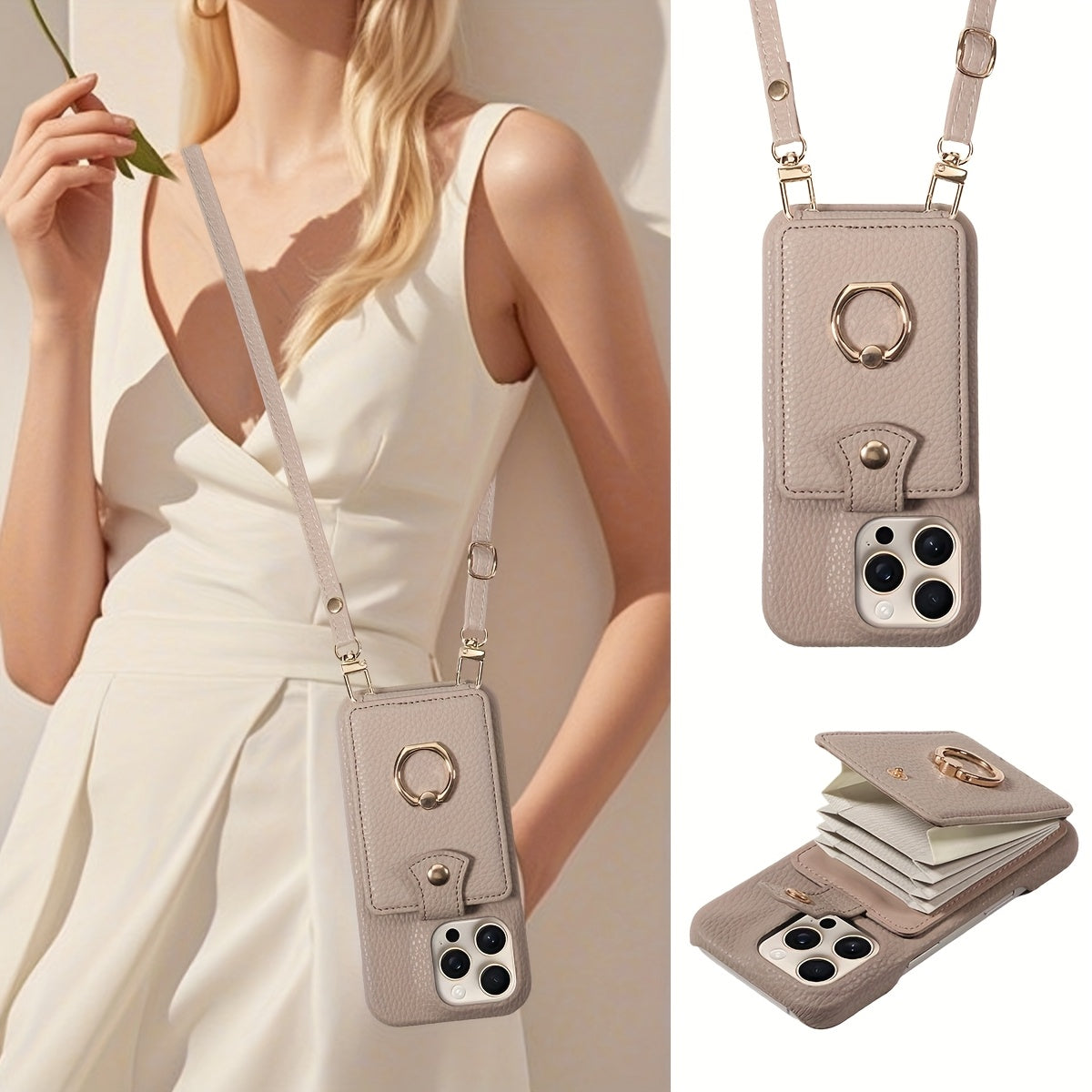 Faux Leather Flip Case for iPhone – Crossbody Wallet with Card Slots and Ring Holder